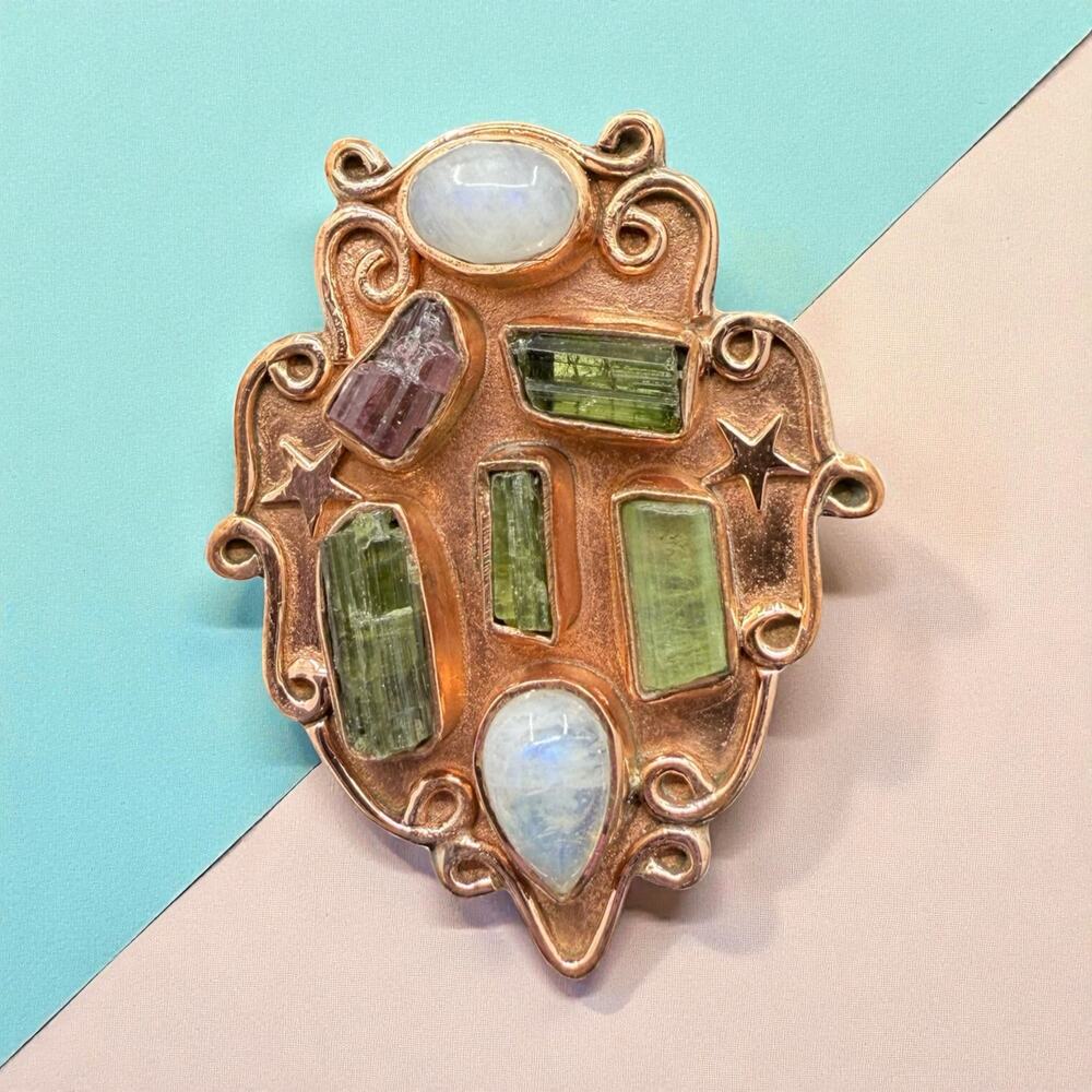 Pink Green Tourmaline Moonstone Wide Band Copper Ring Sz 8.25 Handmade Artisan
